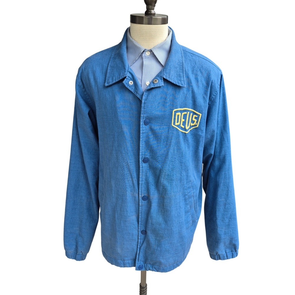Deus Ex Machina Mens Blue Canvas Moto Jacket‎ Embroidered Logo Snap Front XXL